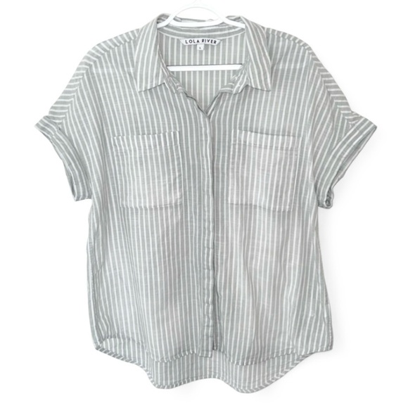 Lola River Sage Green Stripe Cotton Button Down Top Anthropologie Vibes L - Picture 3 of 6